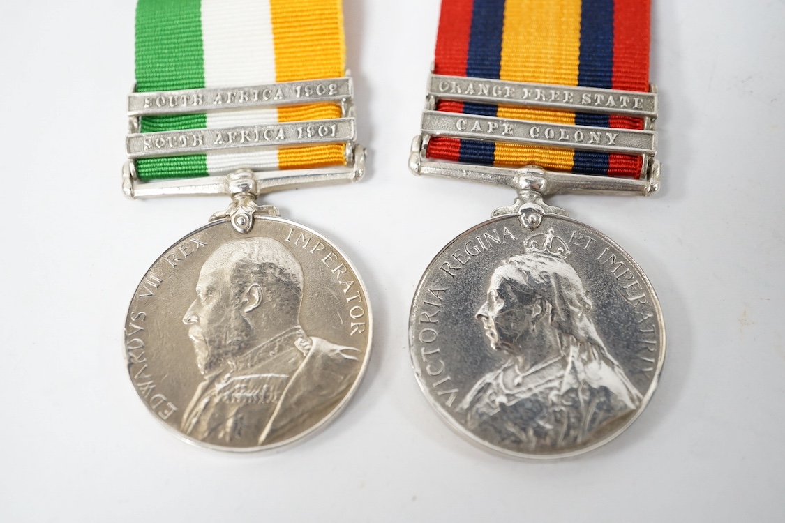 Two Boer War medals; a Queen’s South Africa Medal with clasps for Cape Colony and Orange Free State, together with a King’s South Africa Medal with clasps for South Africa 1901 and South Africa 1902. Condition - fair, bo
